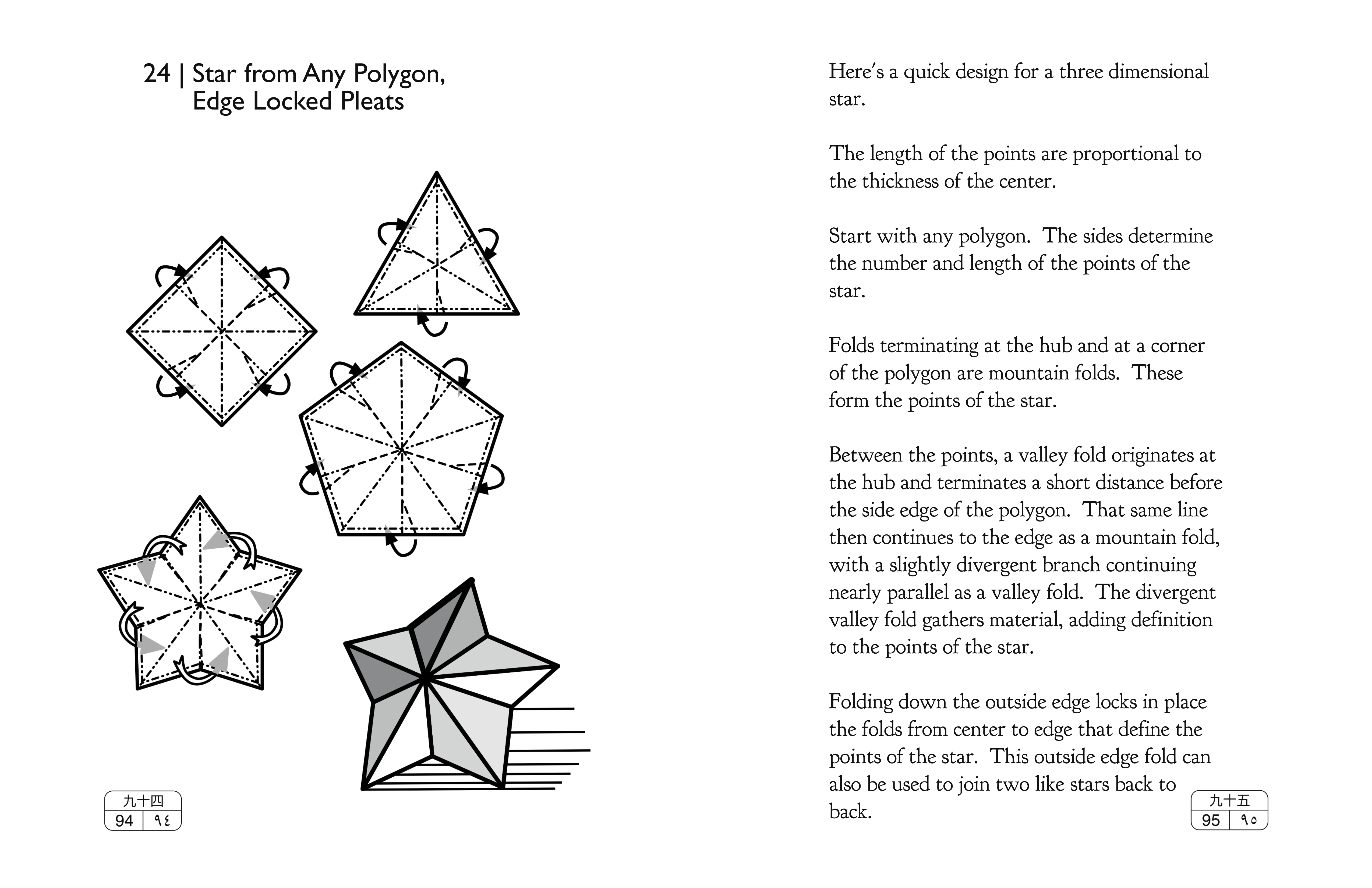 Complete original facing pages 94–95: Star from Any Polygon, Edge Locked Pleats. All printed text and diagrams are preserved.