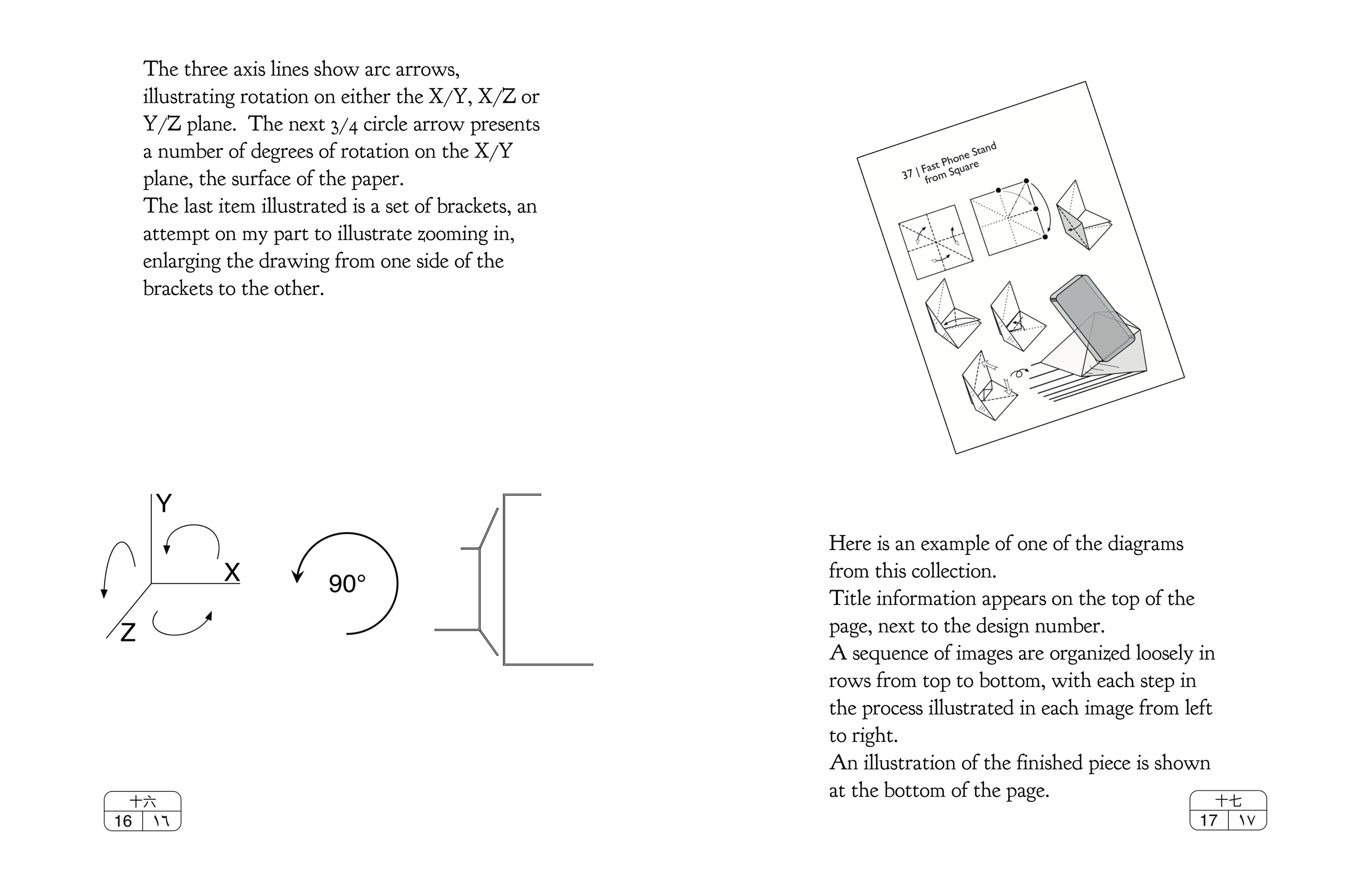 Complete original facing pages 16–17: Diagrams — movement and layout. All printed text and diagrams are preserved.